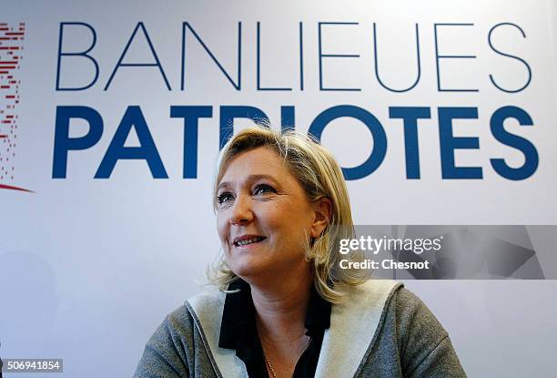 French Front National far-right party's President Marine Le Pen a press conference at the FN headquarters on January 26, 2016 in Nanterre, France....