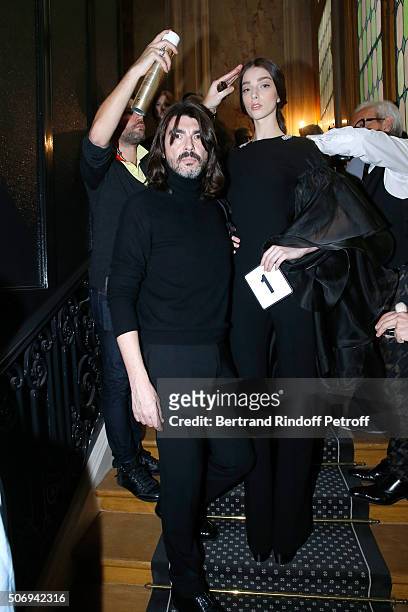 Stylist Stephane Rolland and a Model pose Backstage prior the Stephane Rolland Spring Summer 2016 show as part of Paris Fashion Week on January 26,...