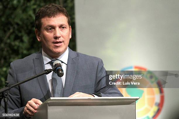 Alejandro Dominguez newly elected president of CONMEBOL speaks during CONMEBOL Presidential Elections at CONMEBOL headquarters on January 26, 2016 in...