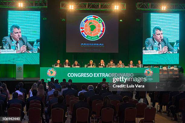 Former president of CONMEBOL Wilmar Valdez speaks during Presidential Elections at CONMEBOL headquarters on January 26, 2016 in LUQUE, Paraguay.