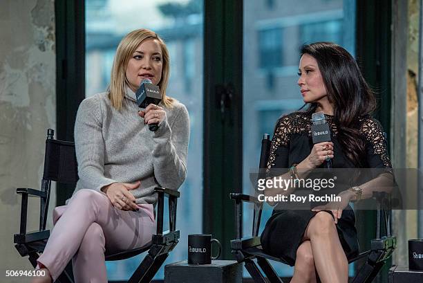 Actors Kate Hudson and Lucy Liu speak about Kung Fu Panda 3 during an AOL Build Speaker Series at AOL Studios In New York on January 26, 2016 in New...