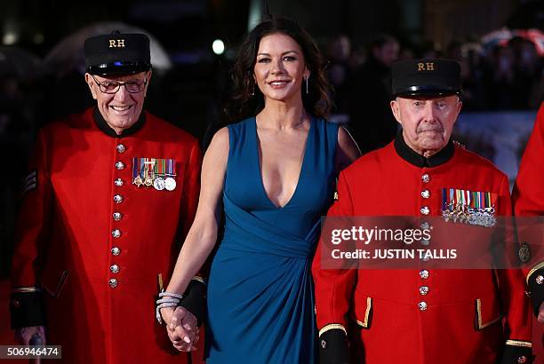 British actress Catherine Zeta-Jones arrives with Chelsea Pensioners for the world premiere of the film Dads Army in London on January 26, 2016. /...