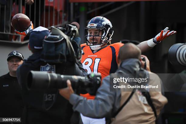 Owen Daniels of the Denver Broncos celebrates after a touchdown against the New England Patriots in the AFC Championship game at Sports Authority...