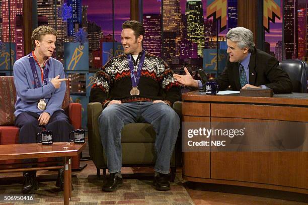 Episode Olympic Show -- Pictured: Figure skater Timothy Goebel and snowboarder Chris Klug during an interview with host Jay Leno on February 19, 2002...