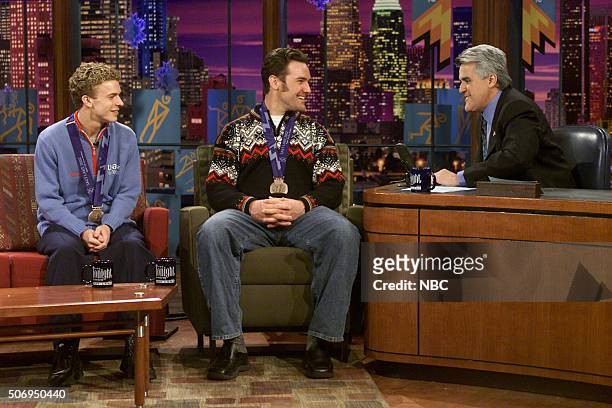 Episode Olympic Show -- Pictured: Figure skater Timothy Goebel and snowboarder Chris Klug during an interview with host Jay Leno on February 19, 2002...