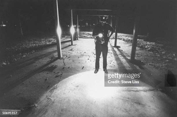 Police officer flashlight-illuminating site where 3 white Highland Township train-hopping teens were allegedly assaulted by local black youths in...