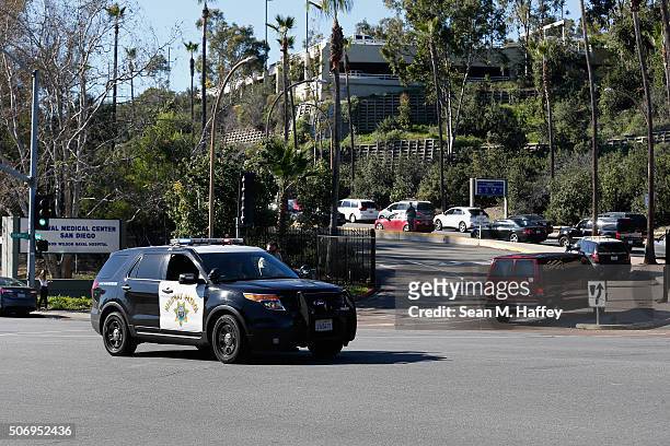 California Highway Patrol officers control traffic outside Naval Medical Center San Diego after reports of gunfire inside the Military Hospital on...