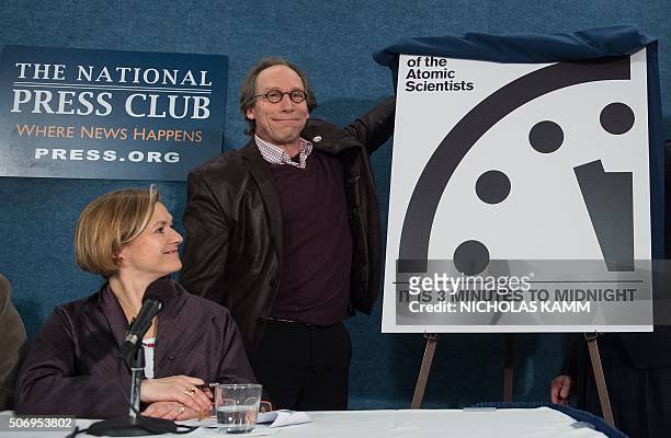 Lawrence Krauss, chair of the Bulletin of Atomic Scientists' Board of Sponsors unveils the "Doomsday Clock" showing that the world is now three...