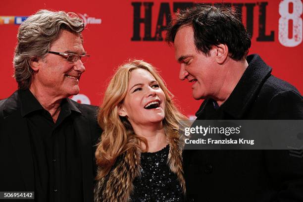 Kurt Russell, Jennifer Jason Leigh and Quentin Tarantino attend the premiere of 'The Hateful 8' at Zoo Palast on January 26, 2016 in Berlin, Germany.