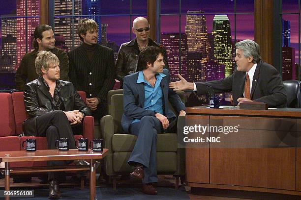 Episode 2218 -- Pictured: Rob Hotchkiss, Charlie Colin, Scott Underwood, Patrick Monahan, and Jimmy Stafford of rock band Train during an interview...