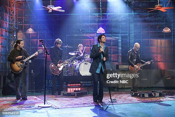 Episode 2218 -- Pictured: Rob Hotchkiss, Charlie Colin, Scott Underwood, Patrick Monahan, and Jimmy Stafford of rock band Train perform on February...