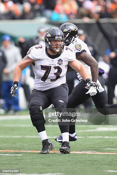 Marshal Yanda of the Baltimore Ravens blocks downfield during the game against the Cincinnati Bengals at Paul Brown Stadium on January 3, 2016 in...
