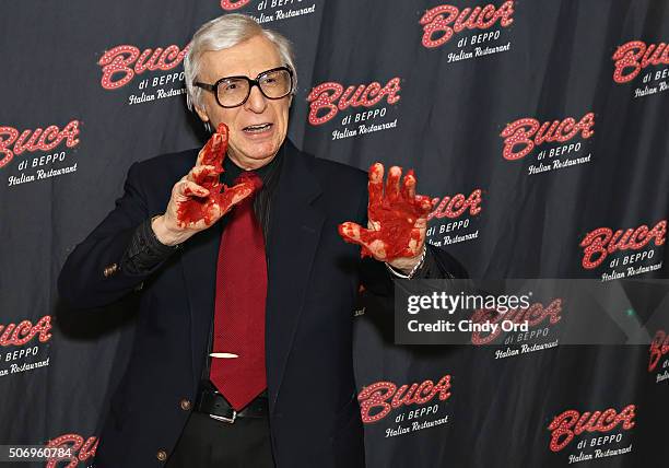 Famed mentalist The Amazing Kreskin has his handprints immortalized in marinara sauce at Buca di Beppo Times Square on January 26, 2016 in New York...