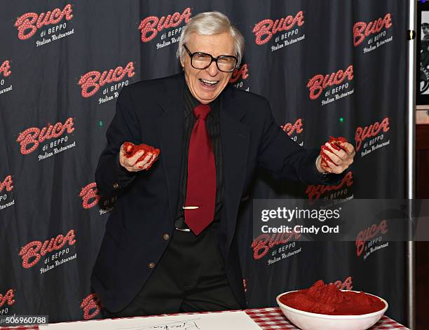 Famed mentalist The Amazing Kreskin has his handprints immortalized in marinara sauce at Buca di Beppo Times Square on January 26, 2016 in New York...