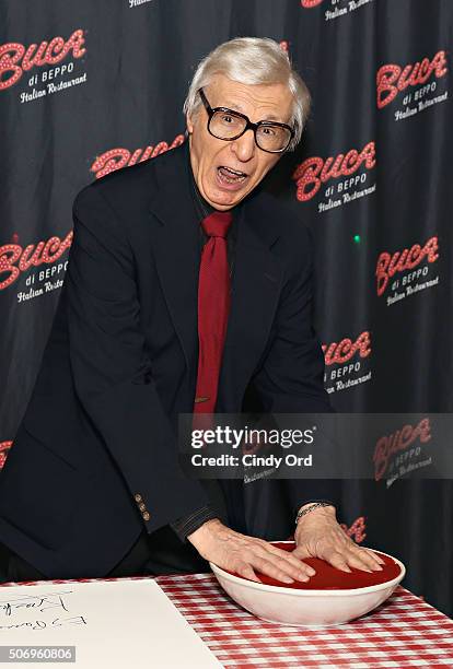 Famed mentalist The Amazing Kreskin has his handprints immortalized in marinara sauce at Buca di Beppo Times Square on January 26, 2016 in New York...