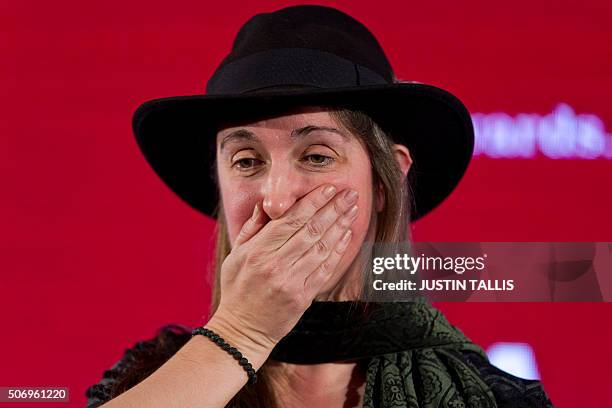 British author Frances Hardinge reacts after being awarded the overall winner of the Costa Book Awards 2015 for her Childrens Book "The Lie Tree" in...