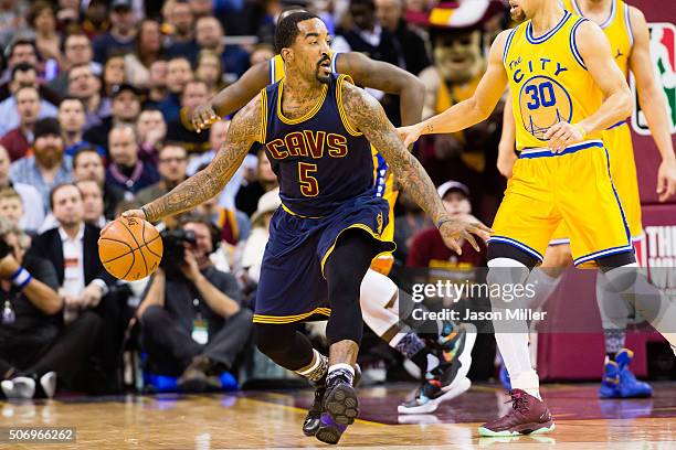 Smith of the Cleveland Cavaliers looks for a pass during the first half against the Golden State Warriors at Quicken Loans Arena on January 18, 2016...