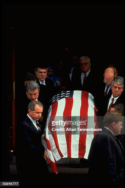 Pallbears carrying coffin of Unabomber victim Thomas Mosser, ad exec. Killed by parcel bomb sent to his home on December 10, 1994.