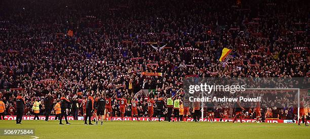 Liverpool celebrates at the end of the the Capital One Cup Semi Final: Second Leg between Liverpool and Stoke City at Anfield on January 26, 2016 in...