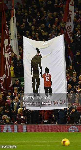 Liverpool fans wave banner during the Capital One Cup Semi Final: Second Leg between Liverpool and Stoke City at Anfield on January 26, 2016 in...