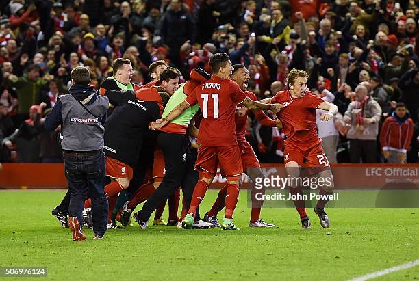 Liverpool celebrates at the end of the the Capital One Cup Semi Final: Second Leg between Liverpool and Stoke City at Anfield on January 26, 2016 in...