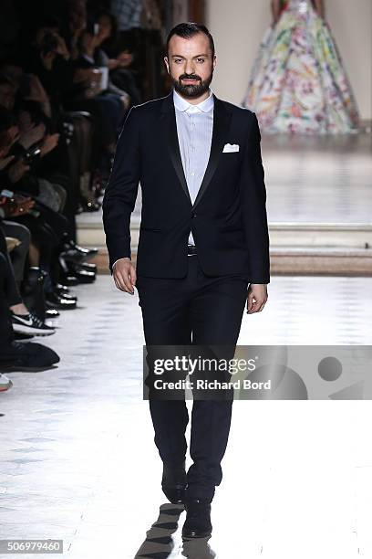 Designer Julien Fournie walks the runway during the Julien Fournie Spring Summer 2016 show as part of Paris Fashion Week on January 26, 2016 in...