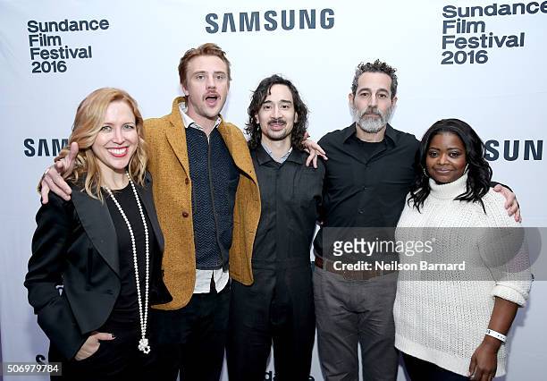 Producer Laura Rister, actor Boyd Holbrook, writer/director Jason Lew, actors Waleed Zuaiter, and Octavia Spencer attend The Free World Cocktails at...
