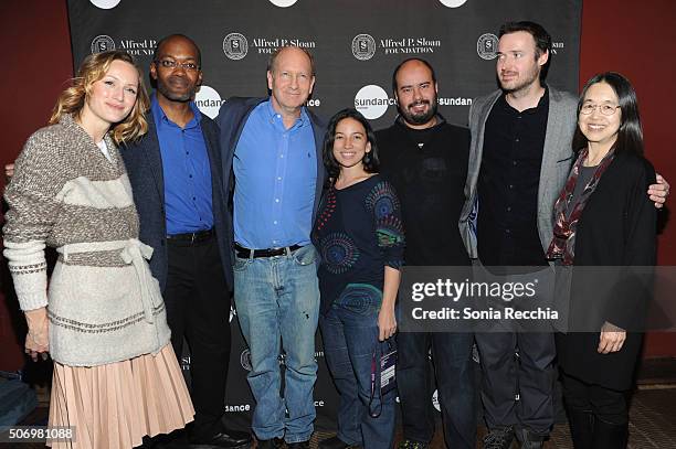 Kerry Bishe, Clifford Johnson, Doron Weber, Cirro Guerra, Cristina Gallego, Mike Cahill and Ting Wu attend the Alfred P. Sloan Foundation Reception...