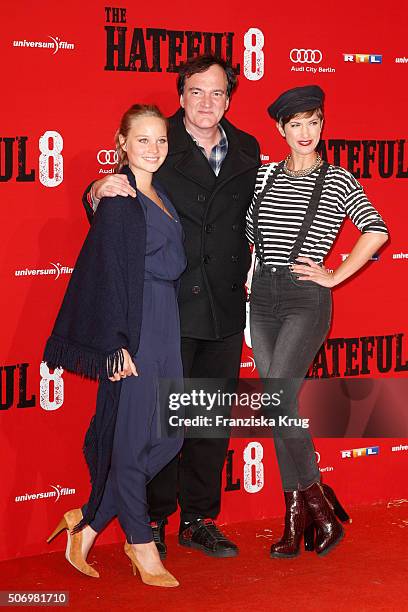 Sonja Gerhardt, Quentin Tarantino and Isabell Horn attend the premiere of 'The Hateful Eight' at Zoo Palast on January 26, 2016 in Berlin, Germany.