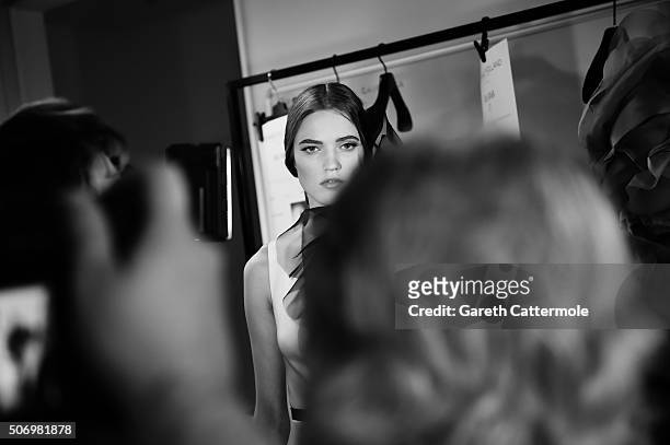 Model is photographed backstage before the Stephane Rolland show as part of Paris Fashion Week Haute Couture Spring/Summer 2015 on January 26, 2015...