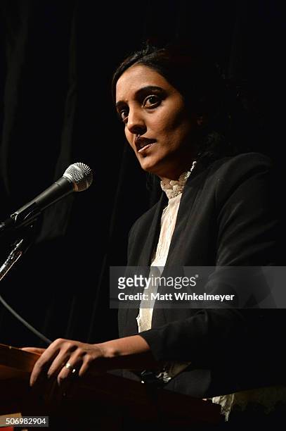 Director Meera Menon speaks before the "Equity" Premiere during the 2016 Sundance Film Festival at Library Center Theater on January 26, 2016 in Park...