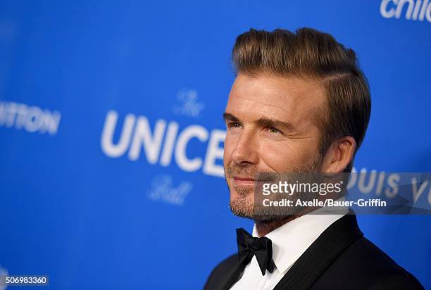Honoree David Beckham arrives at the 6th Biennial UNICEF Ball at the Beverly Wilshire Four Seasons Hotel on January 12, 2016 in Beverly Hills,...
