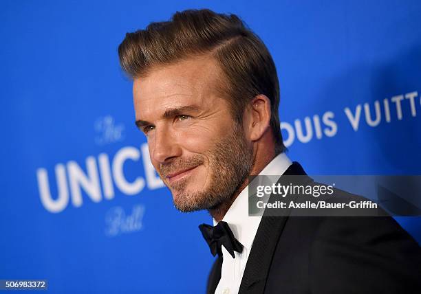 Honoree David Beckham arrives at the 6th Biennial UNICEF Ball at the Beverly Wilshire Four Seasons Hotel on January 12, 2016 in Beverly Hills,...