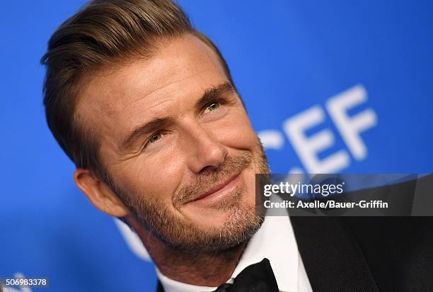 Honoree David Beckham arrives at the 6th Biennial UNICEF Ball at the Beverly Wilshire Four Seasons Hotel on January 12, 2016 in Beverly Hills,...