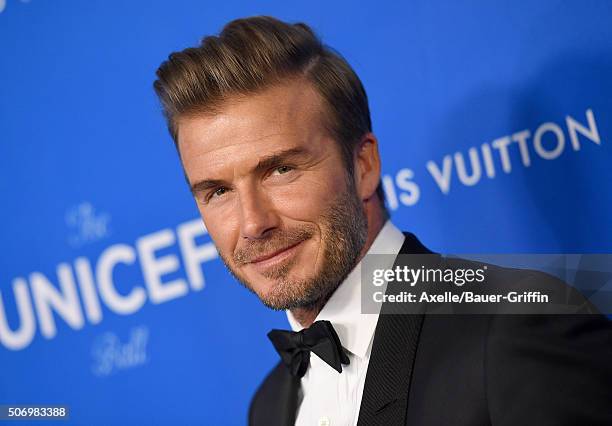 Honoree David Beckham arrives at the 6th Biennial UNICEF Ball at the Beverly Wilshire Four Seasons Hotel on January 12, 2016 in Beverly Hills,...