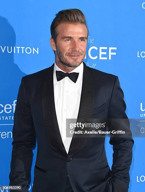 Honoree David Beckham arrives at the 6th Biennial UNICEF Ball at the Beverly Wilshire Four Seasons Hotel on January 12, 2016 in Beverly Hills,...