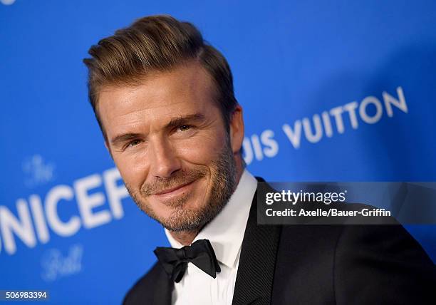 Honoree David Beckham arrives at the 6th Biennial UNICEF Ball at the Beverly Wilshire Four Seasons Hotel on January 12, 2016 in Beverly Hills,...