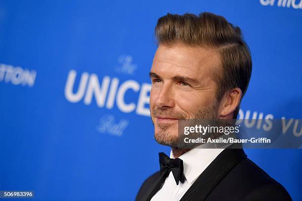 Honoree David Beckham arrives at the 6th Biennial UNICEF Ball at the Beverly Wilshire Four Seasons Hotel on January 12, 2016 in Beverly Hills,...