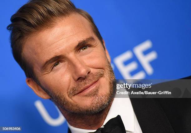 Honoree David Beckham arrives at the 6th Biennial UNICEF Ball at the Beverly Wilshire Four Seasons Hotel on January 12, 2016 in Beverly Hills,...