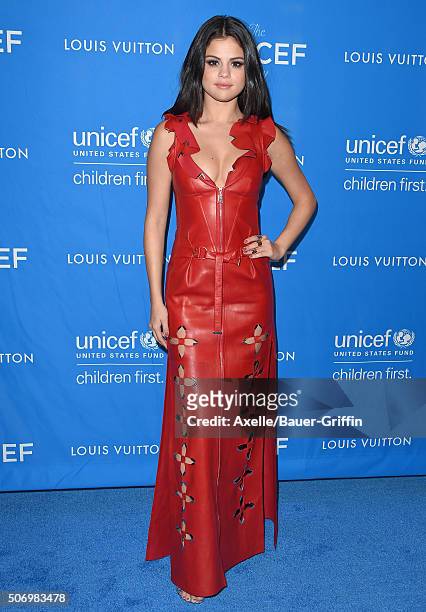 Actress/singer Selena Gomez arrives at the 6th Biennial UNICEF Ball at the Beverly Wilshire Four Seasons Hotel on January 12, 2016 in Beverly Hills,...
