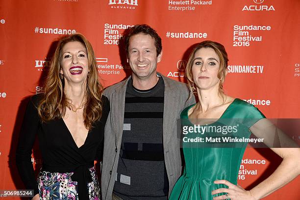 Alysia Reiner, Trevor Groth and Sarah Megan Thomas attend the "Equity" Premiere during the 2016 Sundance Film Festival at Library Center Theater on...
