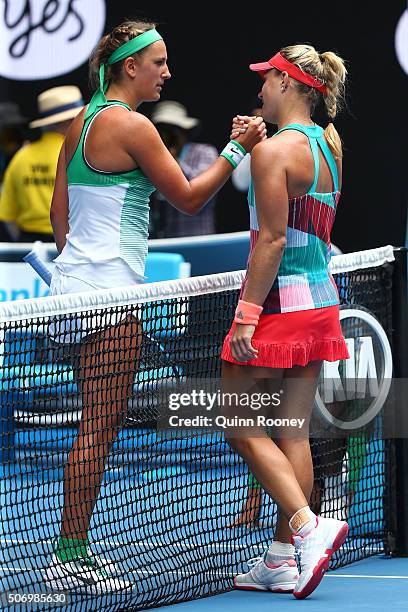 Victoria Azarenka of Belarus congratulates Angelique Kerber of Germany on winning their quarter final match during day 10 of the 2016 Australian Open...