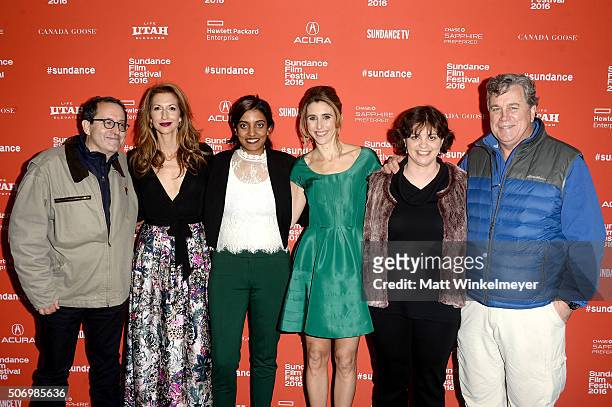 Michael Barker, Alysia Reiner, Meera Menon, Sarah Megan Thomas, Amy Fox and Tom Bernard attend the "Equity" Premiere during the 2016 Sundance Film...
