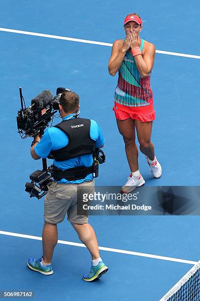 Angelique Kerber of Germany celebrates winning her quarter final match against Victoria Azarenka of Belarus during day 10 of the 2016 Australian Open...