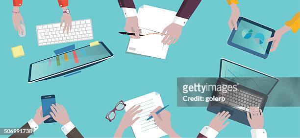 analytic business meeting flat design on top illustration - business meeting stock illustrations