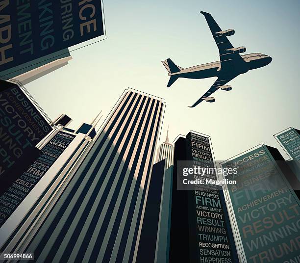 flugzeug über der stadt-business-konzept - low angle view stock-grafiken, -clipart, -cartoons und -symbole