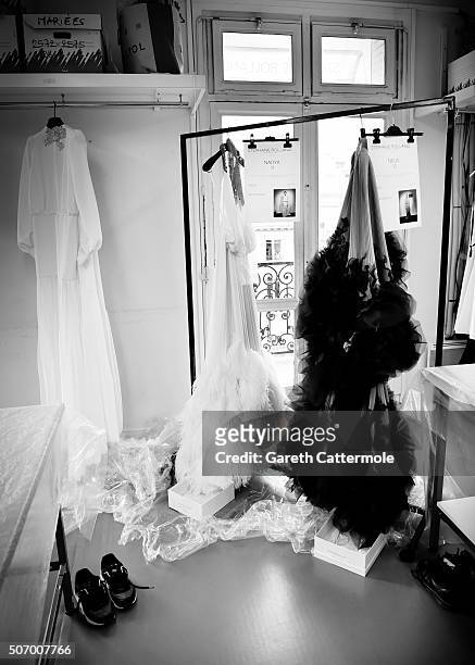 General view of dresses backstage before the Stephane Rolland show as part of Paris Fashion Week Haute Couture Spring/Summer 2015 on January 26, 2015...