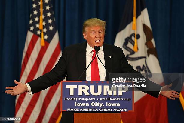 Republican presidential candidate Donald Trump speaks during a campaign event at the University of Iowa on January 26, 2016 in Iowa City, Iowa. Trump...