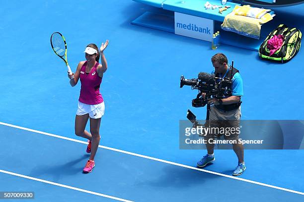 Johanna Konta of Great Britain celebrates winning her quarter final match against Shuai Zhang of China during day 10 of the 2016 Australian Open at...