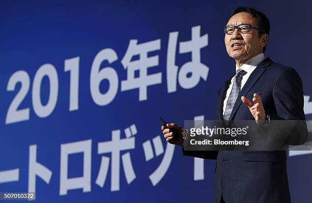 Ken Miyauchi, president and chief executive officer of SoftBank Mobile Corp., speaks during a news conference prior to the Pepper World 2016 event in...